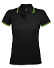 Рубашка поло женская PASADENA WOMEN 200 с контрастной отделкой, черная с зеленым с нанесением логотипа